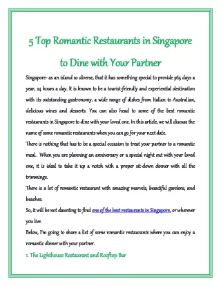 5 Top Romantic Restaurants in Singapore to Dine with Your Partner