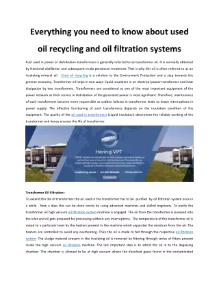 Transformer Oil Filtration :
