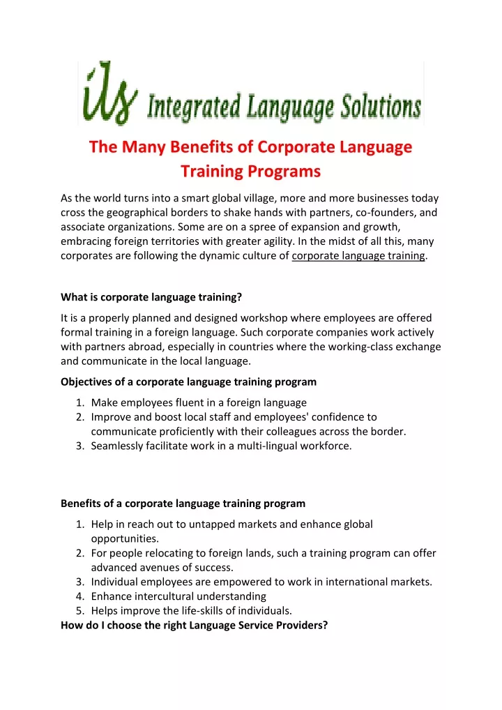 the many benefits of corporate language training