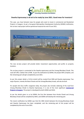 Dwarka Expressway is all set to be ready by June 2021. Good news for investors!