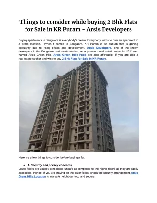 Things to consider while buying 2 Bhk Flats for Sale in KR Puram - Arsis Developers