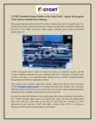 CYCJET Handheld Inkjet Printer in the Metal Field - Square Rectangular Tube Surface Identification Sharing