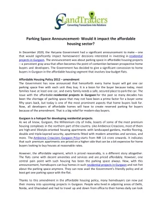 Parking Space Announcement- Would it impact the affordable housing sector?