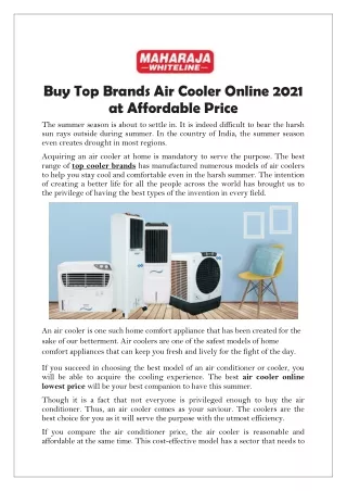 Buy Top Brands Air Cooler Online 2021 at Affordable Price