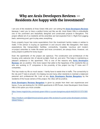 Why are Arsis Developers Reviews — Residents Are happy with the investment?