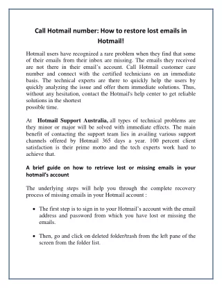 call hotmail number how to restore lost emails
