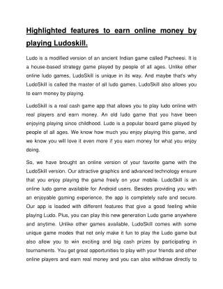 Highlighted features to earn online money by playing Ludoskill.