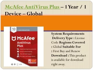 mcafee antivirus plus 1 year 1 device global