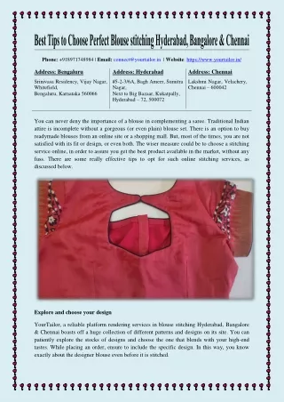 Best Tips to Choose Perfect Blouse stitching Hyderabad, Bangalore & Chennai