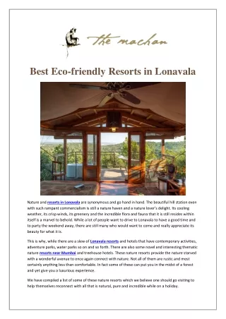 best eco friendly resorts in lonavala