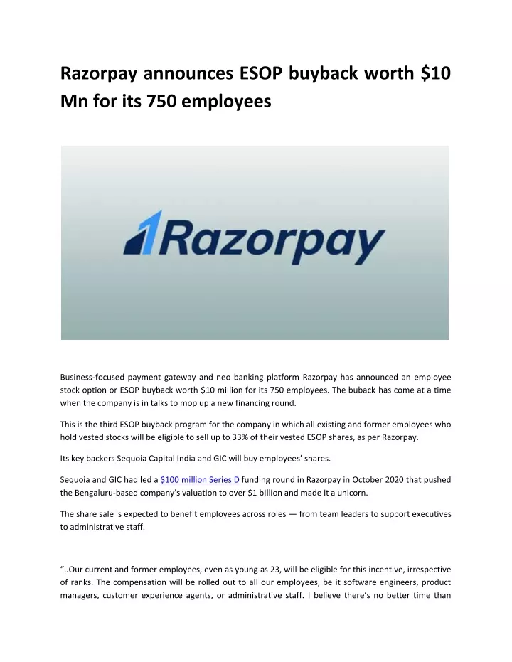 razorpay announces esop buyback worth