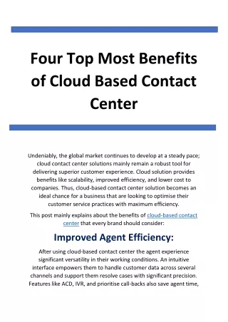 Four Top Most Benefits of Cloud Based Contact Center