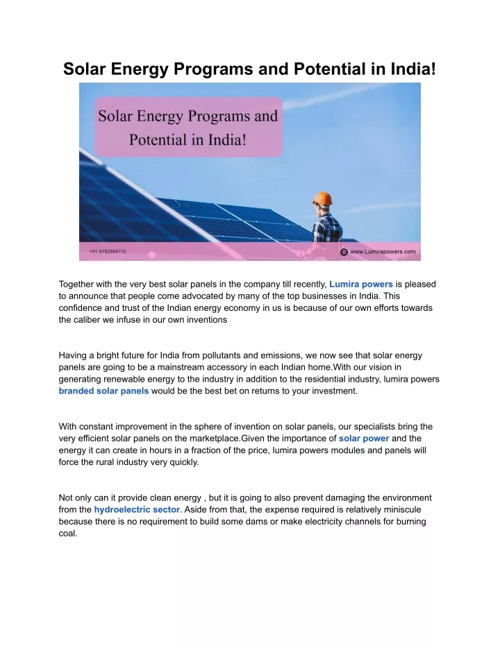 solar energy programs and potential in india
