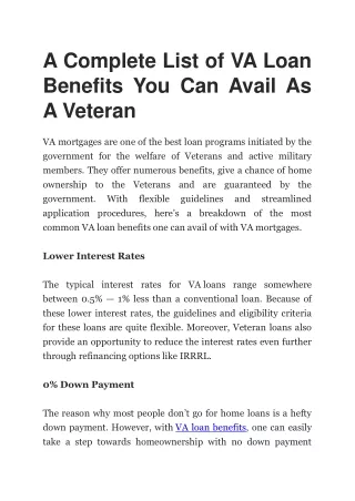 VA Loan Benefits