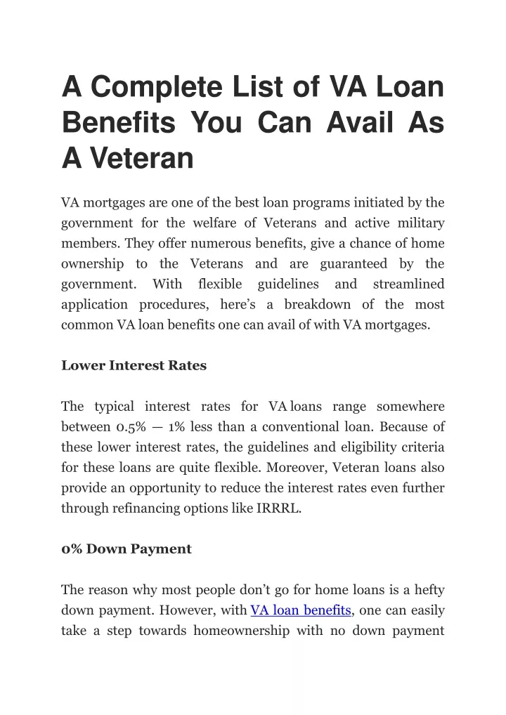 a complete list of va loan benefits you can avail