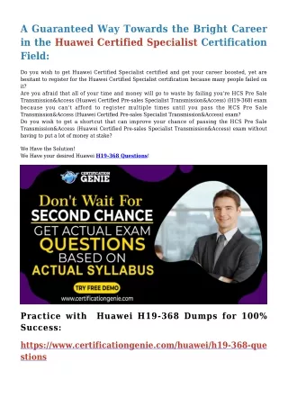 Real Huawei H19-368 Dumps from CertificationGenie