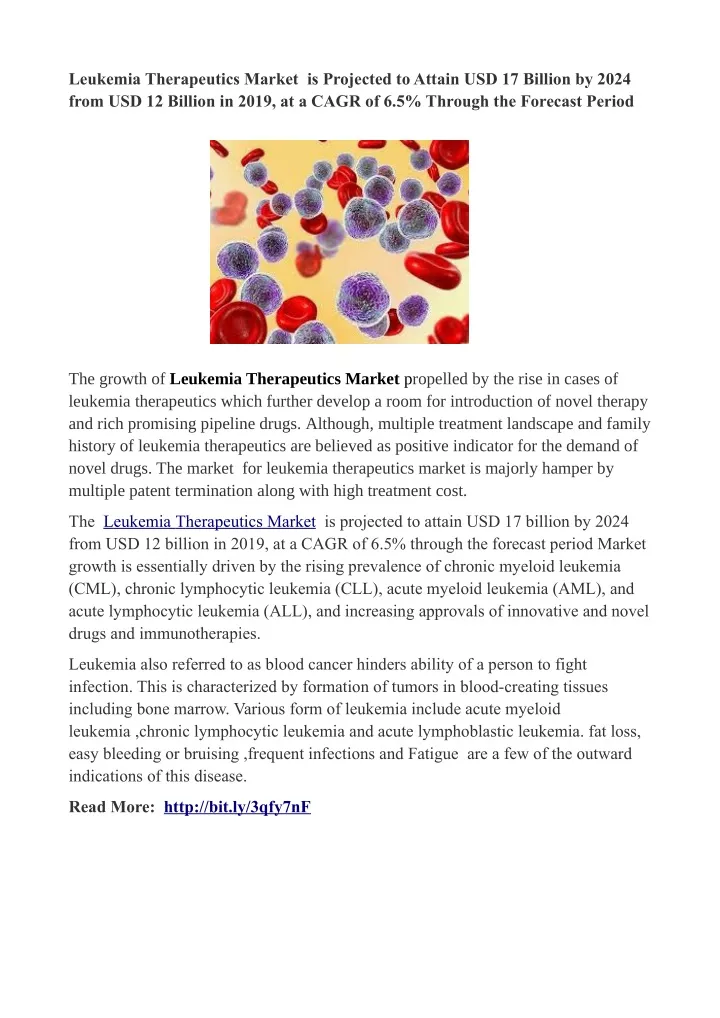 leukemia therapeutics market is projected