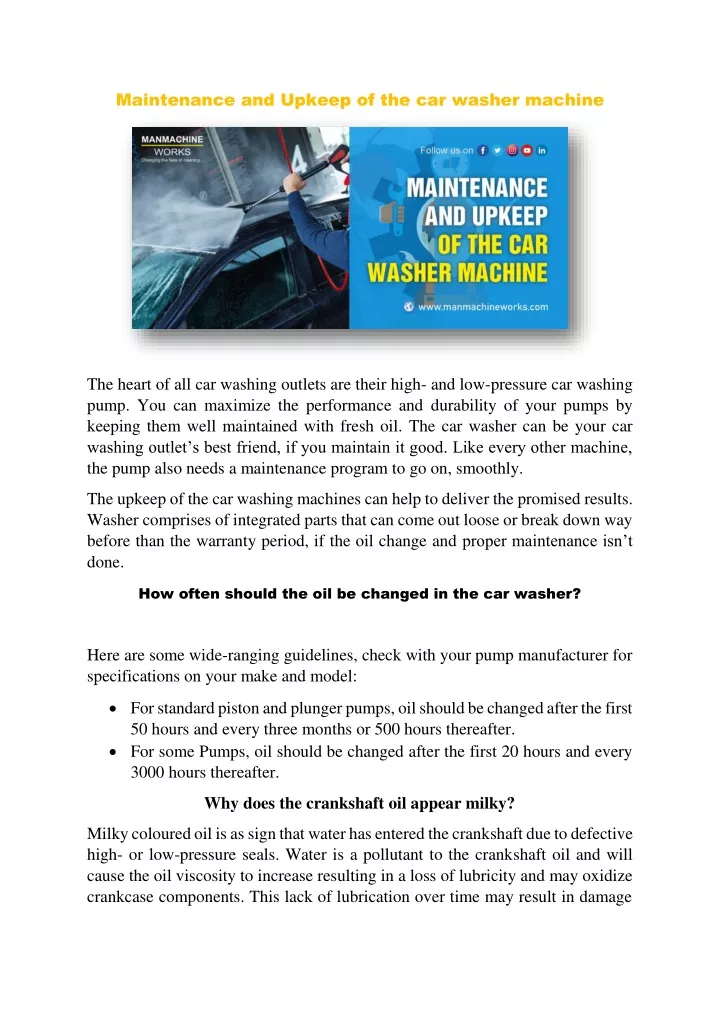 maintenance and upkeep of the car washer machine