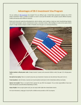 advantages of eb 5 investment visa program