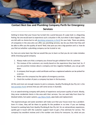 Contact Best Gas and Plumbing Company Perth for Emergency Services
