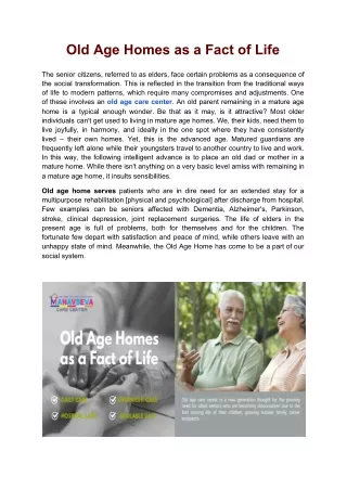 Old Age Homes as a fact of Life