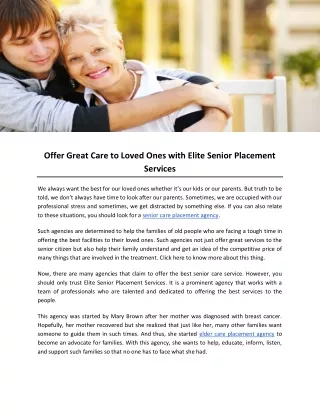 Offer Great Care to Loved Ones with Elite Senior Placement Services