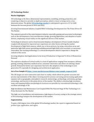 3D Technology Market Size, Share, Emerging Trend, Global Demand, Key Players Review and Forecast to 2022