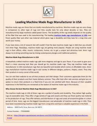 Leading Machine Made Rugs Manufacturer in USA