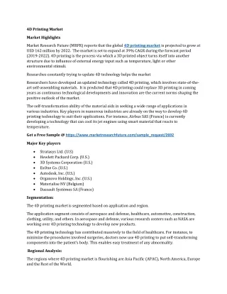 4D Printing Market Sales Revenue, Growth Factors, Future Trends, and Demand by Forecast to 2022
