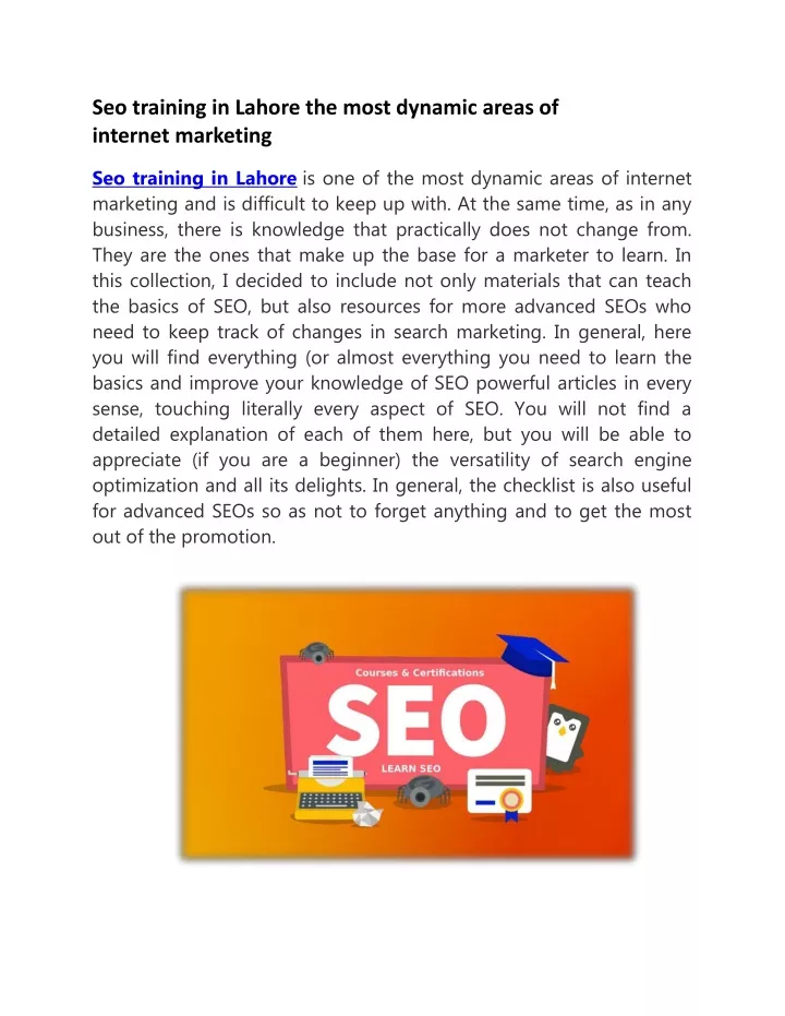 seo training in lahore the most dynamic areas