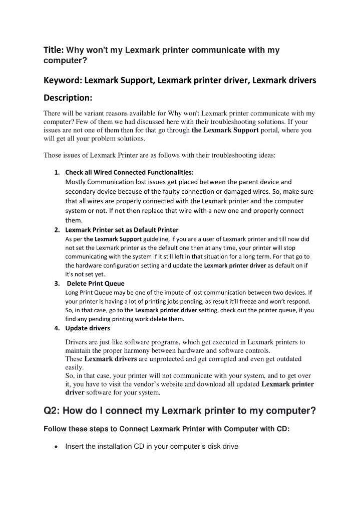 title why won t my lexmark printer communicate