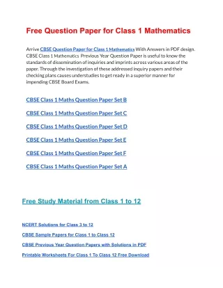 free question paper for class 1 mathematics