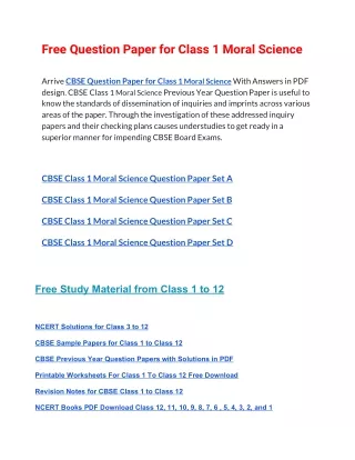 free question paper for class 1 moral science