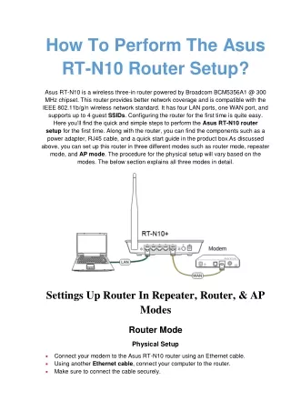 how to perform the asus rt n10 router setup
