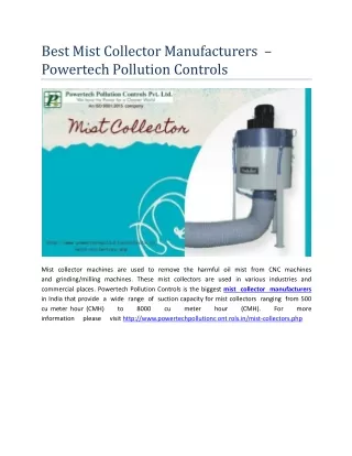 Best Mist Collector Manufacturers – Powertech Pollution Controls