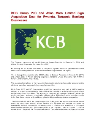 KCB Group PLC and Atlas Mara Limited Sign Acquisition Deal for Rwanda, Tanzania Banking Businesses