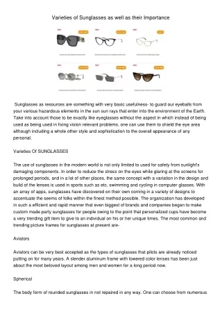 varieties of sunglasses as well as their