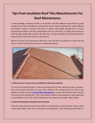 Tips From Insulation Roof Tiles Manufacturers For Roof Maintenance