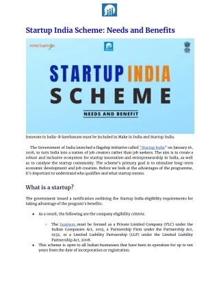 Startup India Scheme: Needs and Benefits