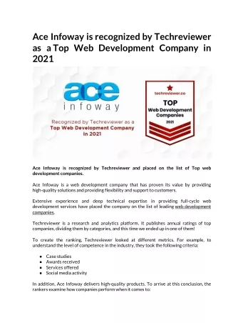 Ace Infoway is recognized by Techreviewer as a Top Web Development Company in 2021