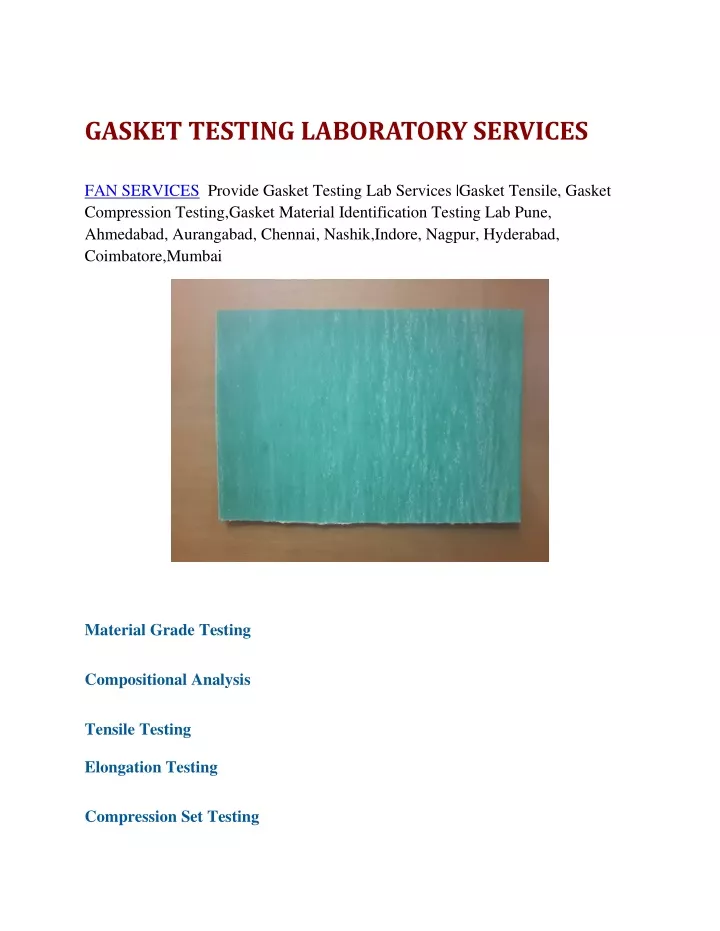 gasket testing laboratory services