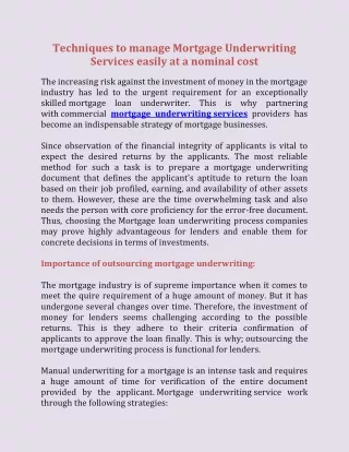 Techniques to Manage Mortgage Underwriting Services Easily at A Nominal Cost
