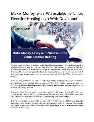 Boost Your Web Developer Business with Linux Reseller Hosting at Wisesolution