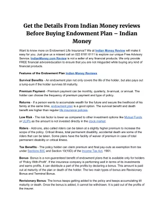 Get the Details From Indian Money reviews Before Buying Endowment Plan – Indian Money