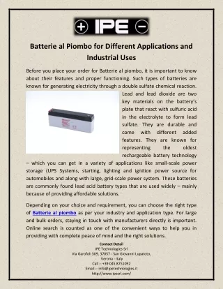 Batterie al Piombo for Different Applications and Industrial Uses