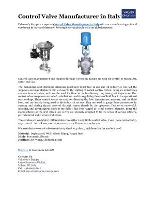 Control Valve Manufacturer in Italy