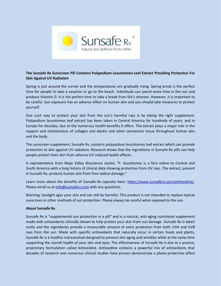 the sunsafe rx sunscreen pill contains polypodium