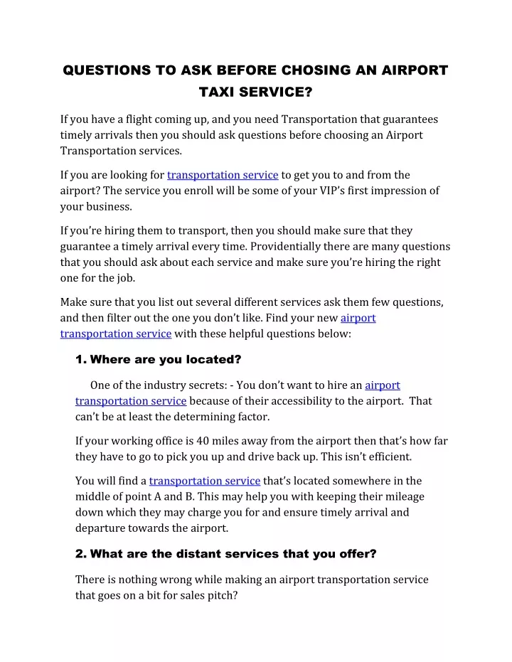 questions to ask before chosing an airport taxi