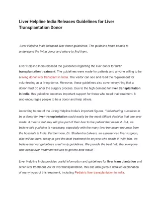 Liver Helpline India Releases Guidelines for Liver Transplantation Donor