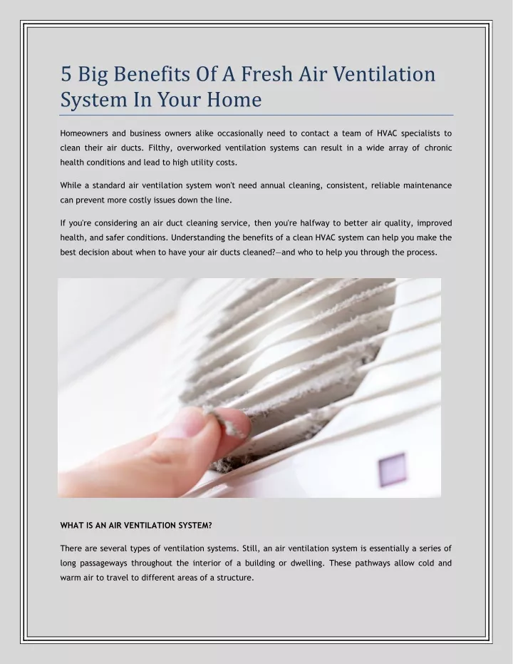 5 big benefits of a fresh air ventilation system